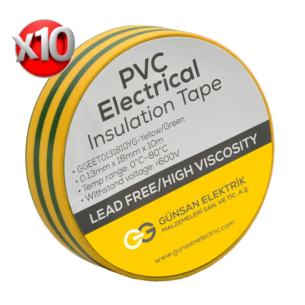 0.13mmX18mmX10m Electrical Tape Yellow/Green - 10 Piece Pack - Günsan