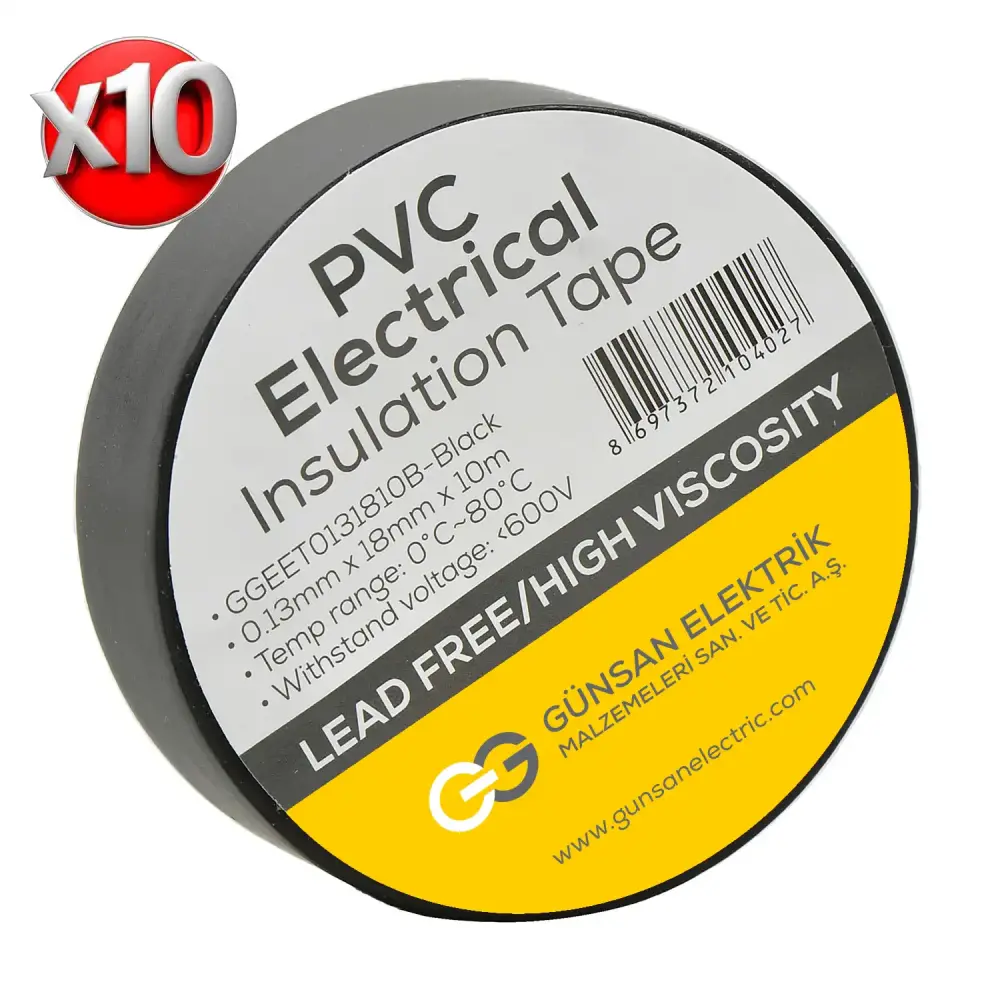 0.13mmX18mmX10m Electrical Tape Black - 10 Piece Pack - Günsan